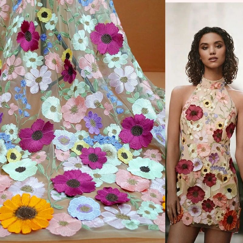 Colorful 3D Flower Lace Fabric - đánh giá và giá Embroidery Net Dress