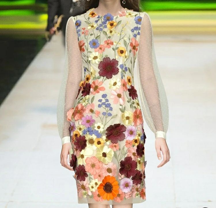 Colorful 3D Flower Lace Fabric - đánh giá và giá Embroidery Net Dress