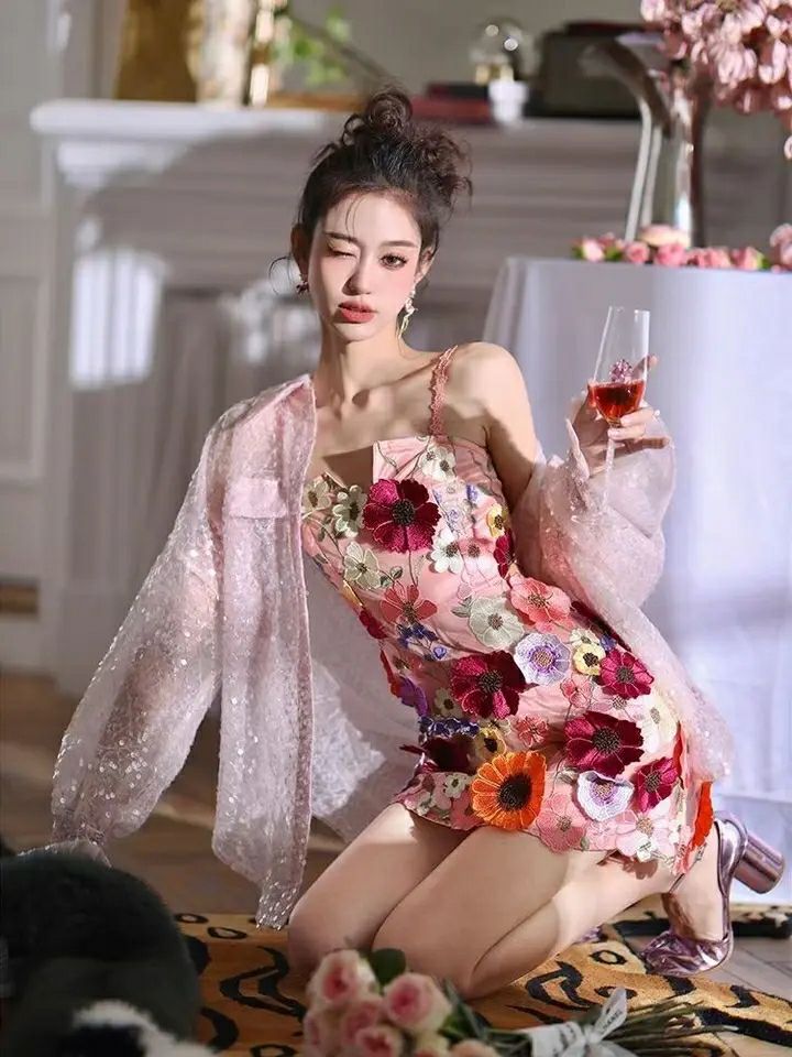 Colorful 3D Flower Lace Fabric - đánh giá và giá Embroidery Net Dress